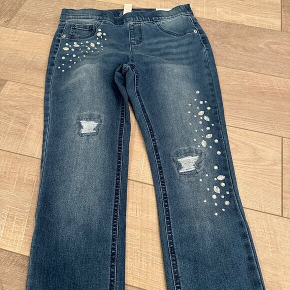 JUSTICE GIRLS PULL ON RHINESTONE DENIM LEGGINGS NEW SIZE 14 MID RISE - Picture 2 of 10